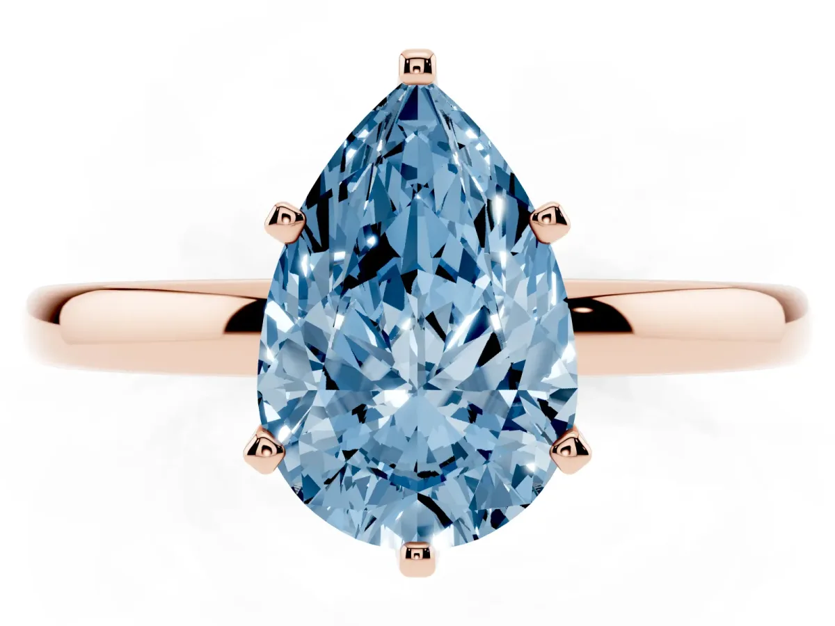 Fancy Blue Pear Cut Solitaire Diamond Ring with Six-Prong Setting on a Classic Band Rose gold