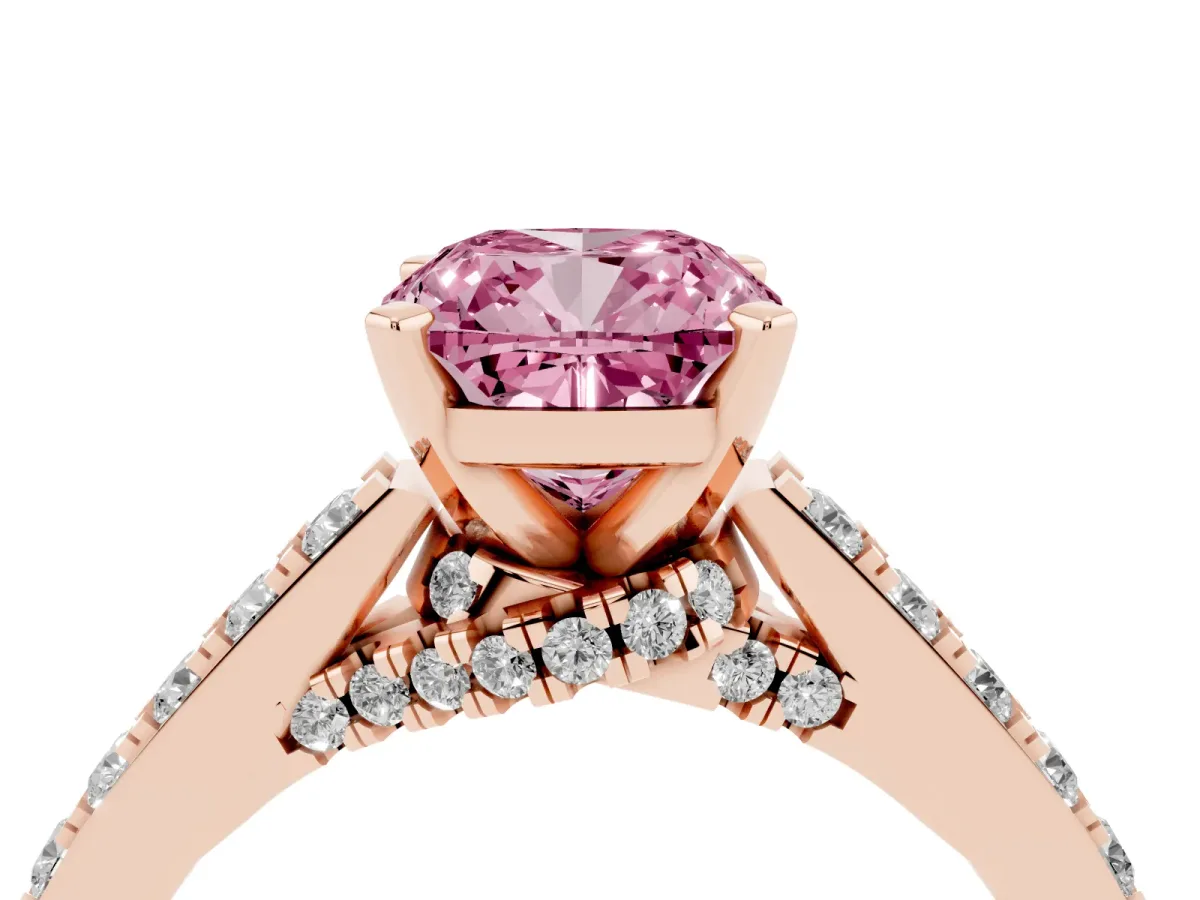 Fancy Pink Cushion Cut Diamond Solitaire Ring with Crossover Gallery and Round Pavé Band Rose gold