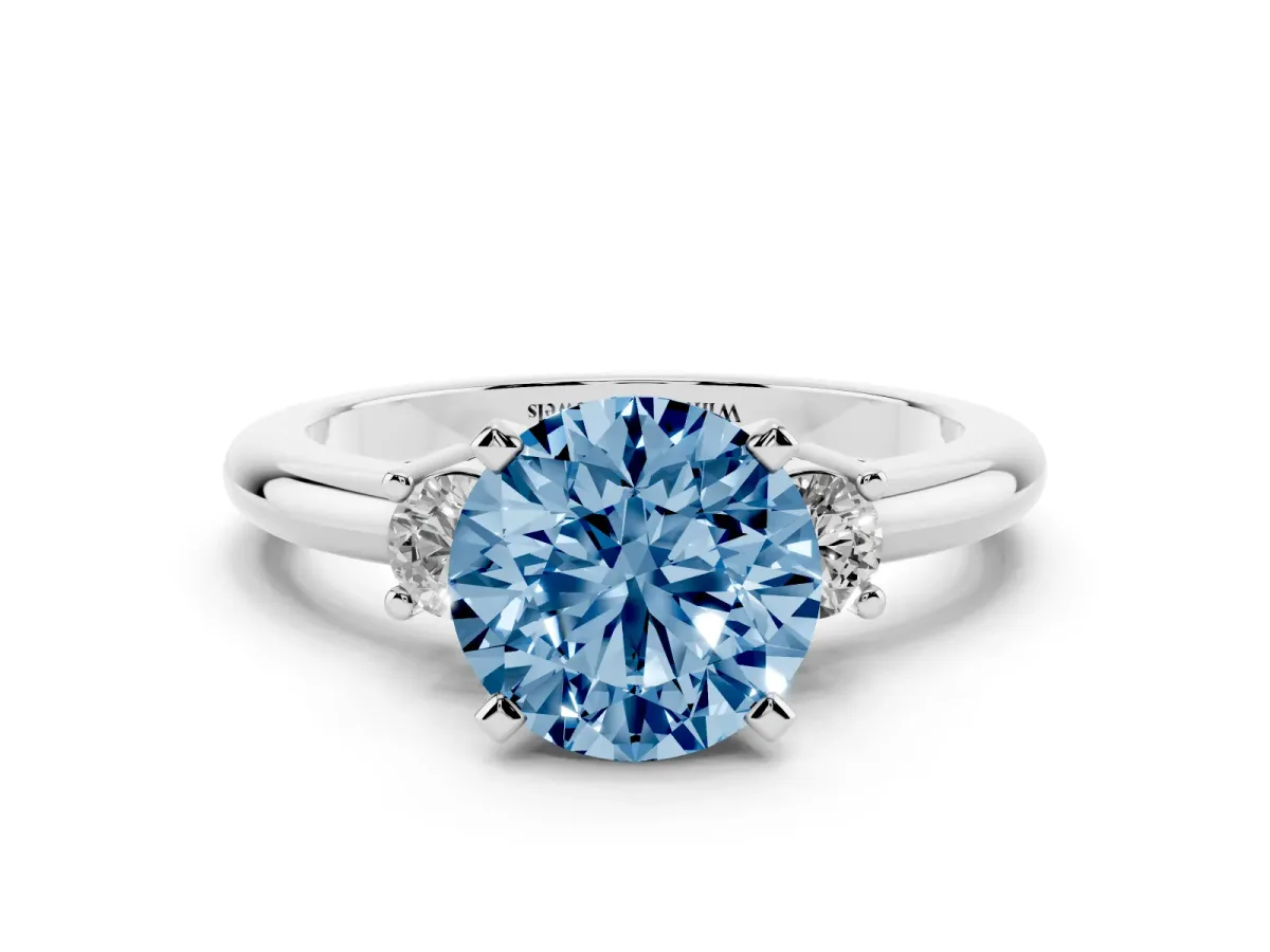 Fancy Blue Three-Stone Round Cut Cut Diamond Solitaire with Prong Setting and Classic Band Silver