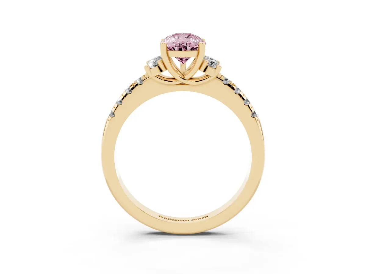 Fancy Pink Pear Cut Diamond Three-Stone Pave Band with Four-Prong Setting Yellow gold