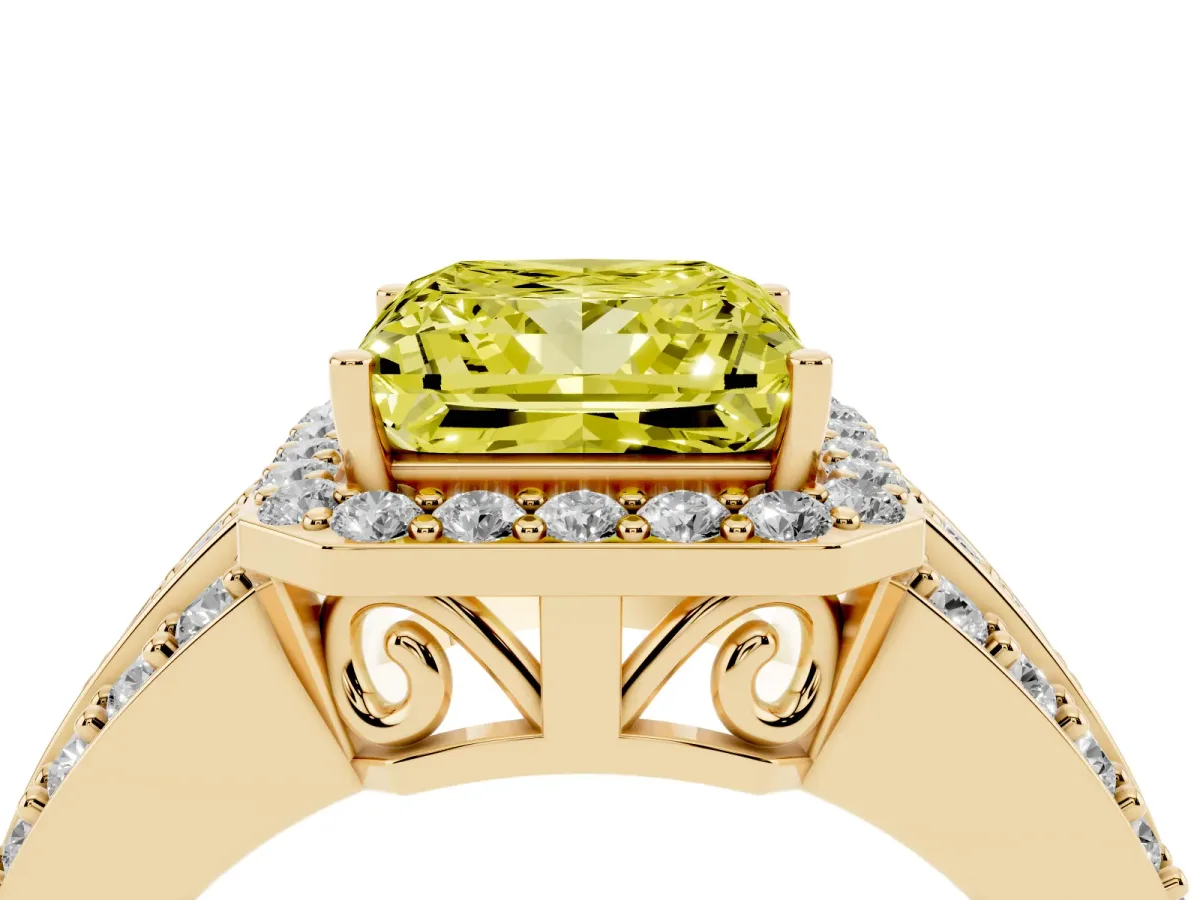 Fancy Yellow Princess Cut Halo Diamond Ring with Round Split Shank and Prong Setting Yellow gold