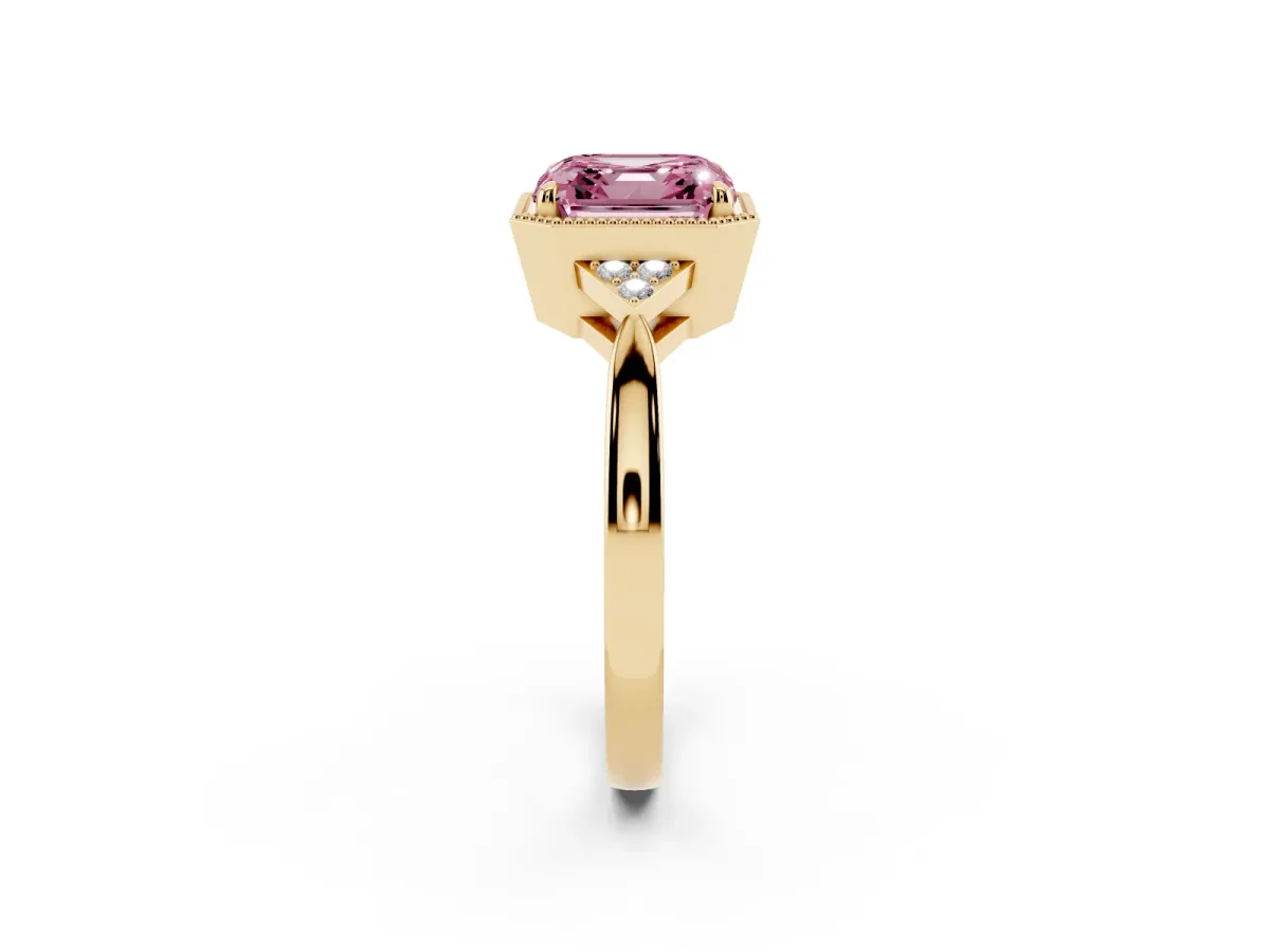 Fancy Pink Asscher Cut Diamond Halo Ring with Tapered Band and Four-Prong Setting Yellow gold