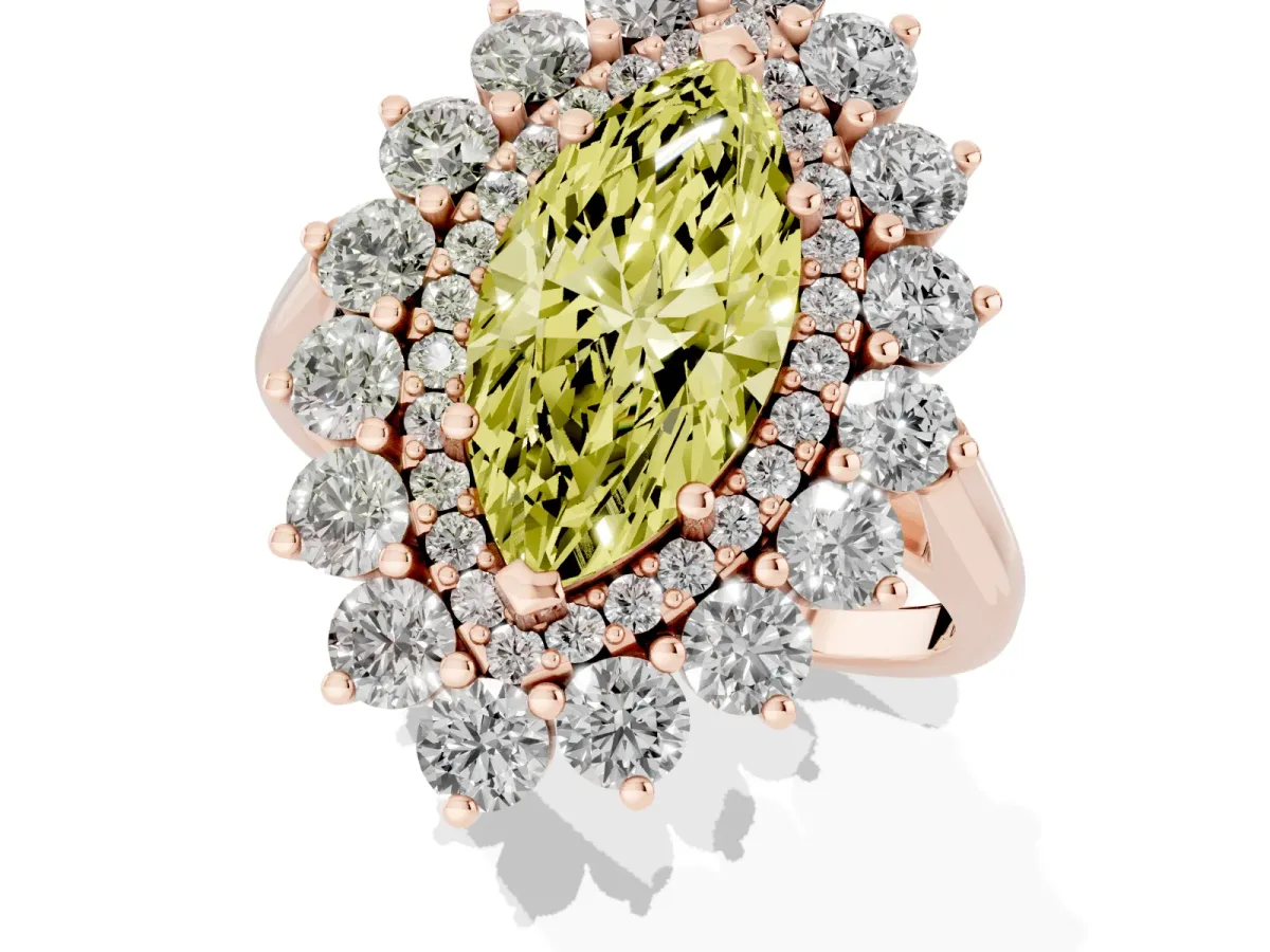 Fancy Yellow Marquise Cut Diamond Floral Double Halo Engagement Ring with Prong Setting Rose gold