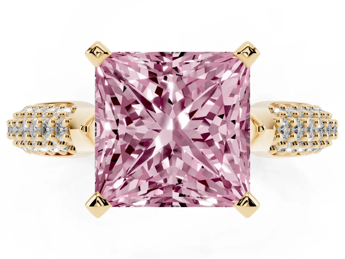 Fancy Pink Princess Cut Diamond Solitaire Engagement Ring with Multi-Row Round Pavé Band and Prong Setting Yellow gold
