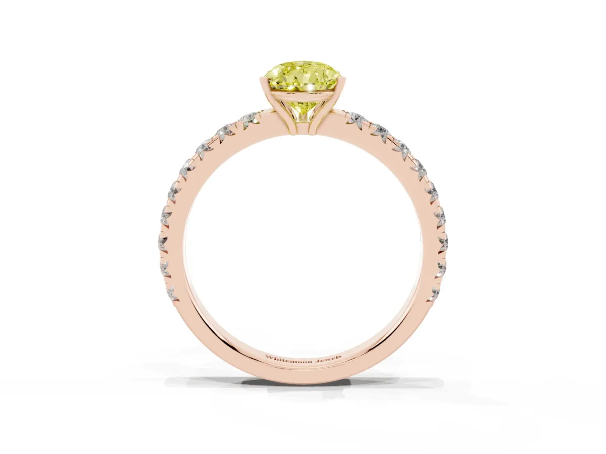 Fancy Yellow Pear Cut Diamond Pavé Solitaire Engagement Ring with Four-Prong Setting Rose gold