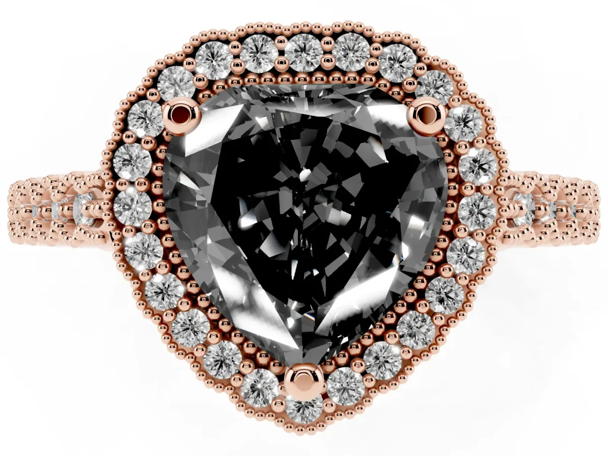 Fancy Black Heart Cut Cut Halo Pavé Solitaire Ring with Milgrain Band Rose gold