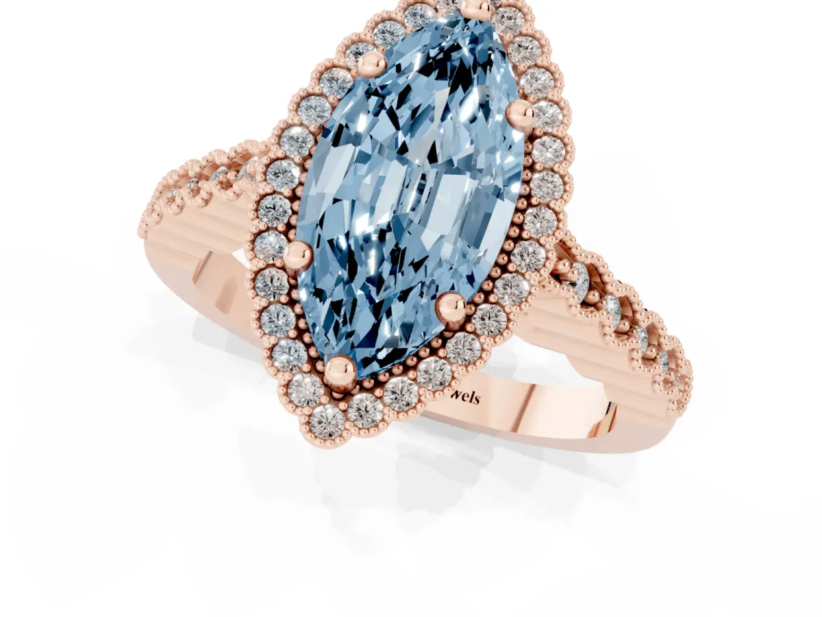 Fancy Blue Marquise Cut Cut Halo Pavé Solitaire Ring with Milgrain Band Rose gold
