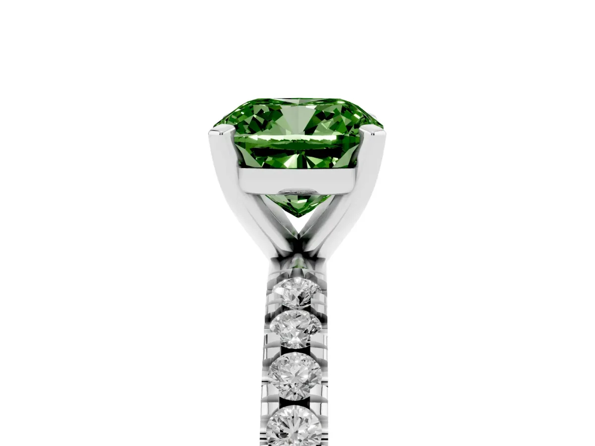Fancy Green Cushion Cut Diamond Pavé Band Solitaire with Four-Prong Setting Silver
