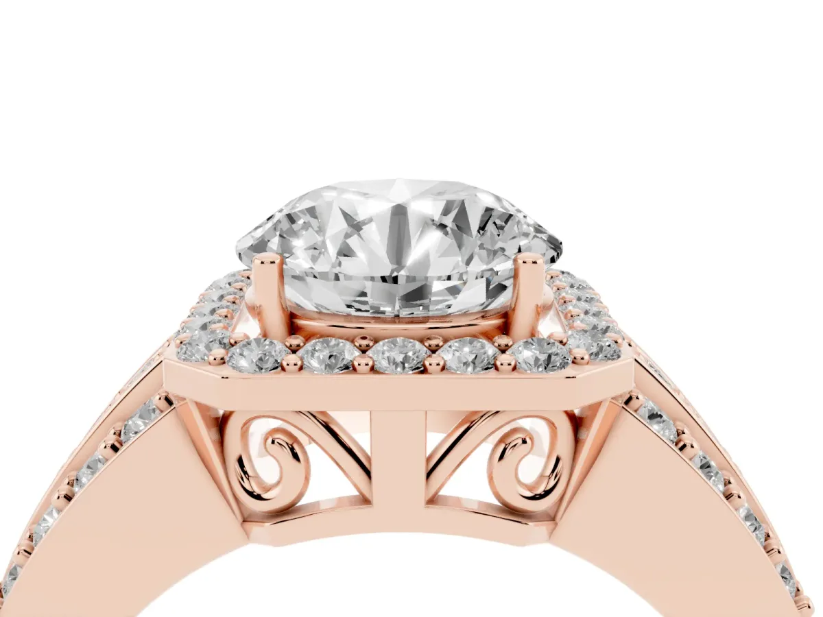 Round Cut Halo Diamond Ring with Round Split Shank and Prong Setting Rose gold