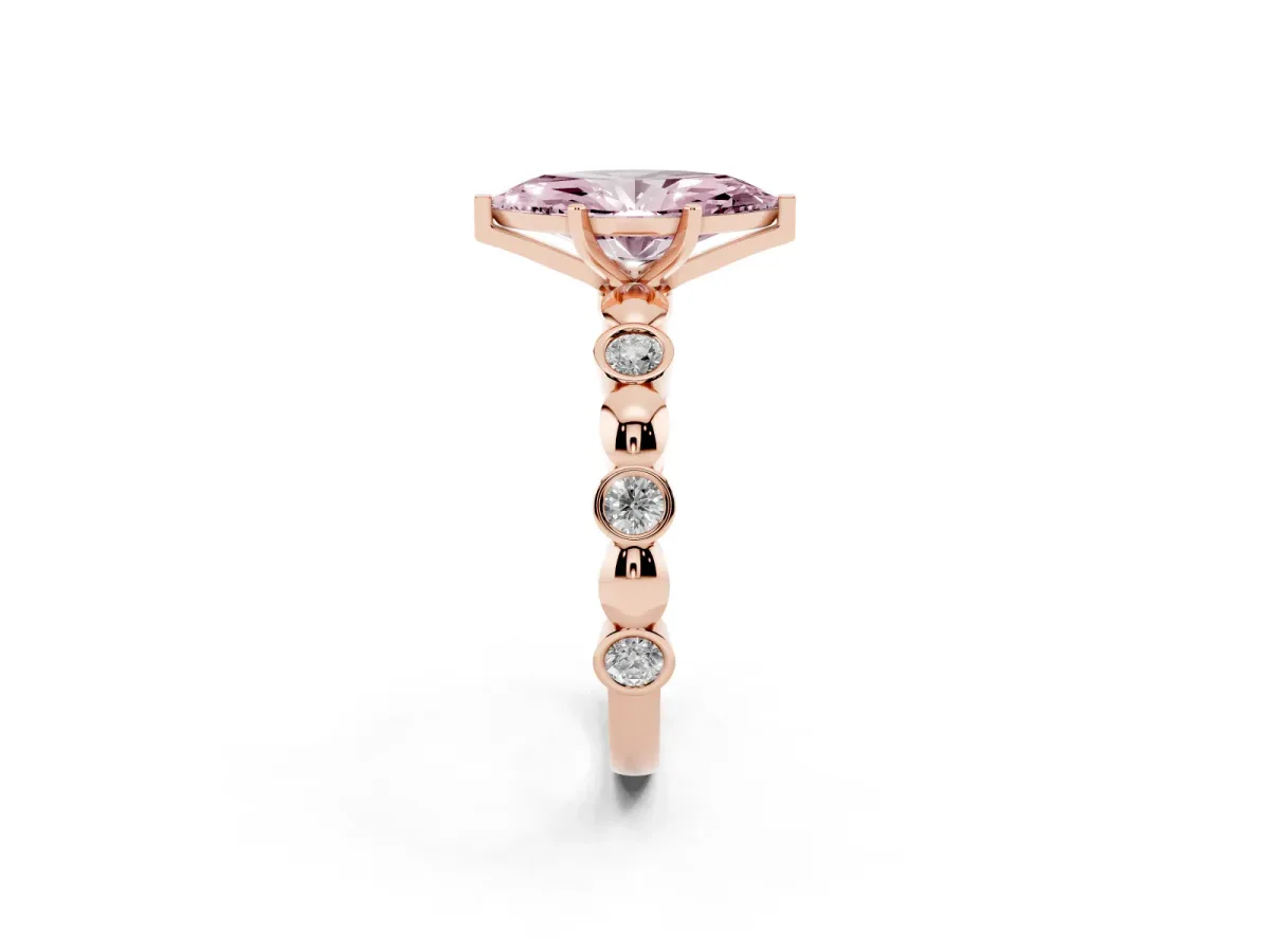 Fancy Pink Marquise Cut Solitaire Bezel-Set Diamond Ring with Beaded Band and Four-Prong Setting Rose gold