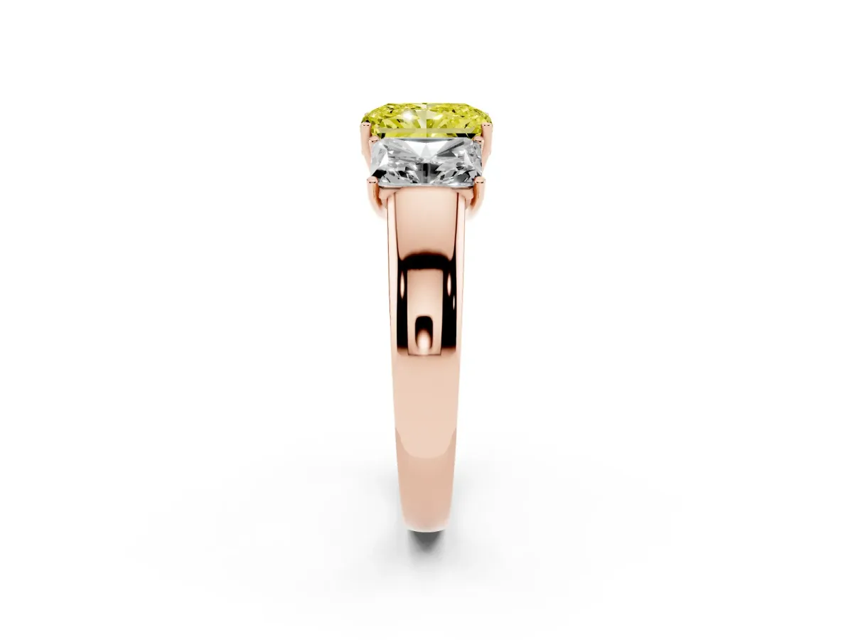 Fancy Yellow Three-Stone Radiant Cut Cut Diamond Ring with Prong Setting and Classic Band Rose gold