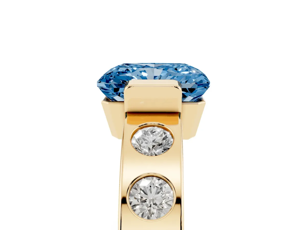 Fancy Blue Radiant Cut Brilliant Channel-Set Diamond Ring with Bezel Prong Setting Yellow gold
