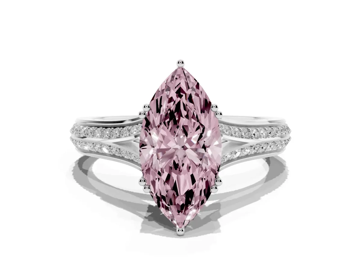 Fancy Pink Marquise Cut Diamond Split Shank Engagement Ring with Pavé Band Silver