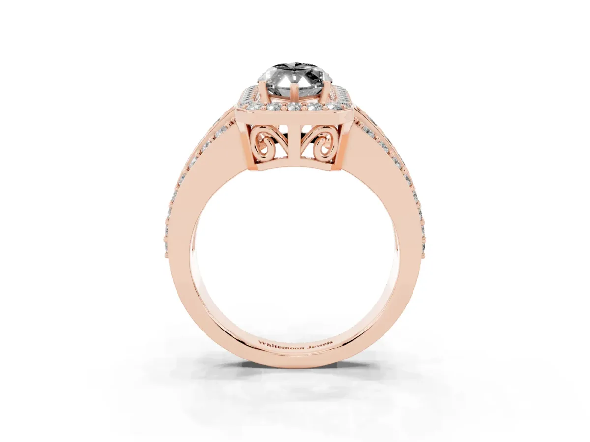 Fancy Black Marquise Cut Halo Diamond Ring with Round Split Shank and Prong Setting Rose gold