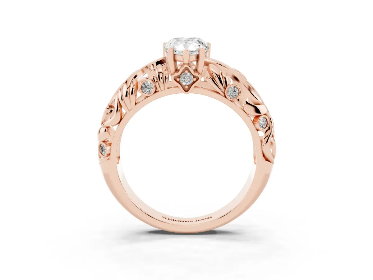 Pear Cut Solitaire Diamond Leaf-Inspired Vine Band Ring with Prong Setting Rose gold