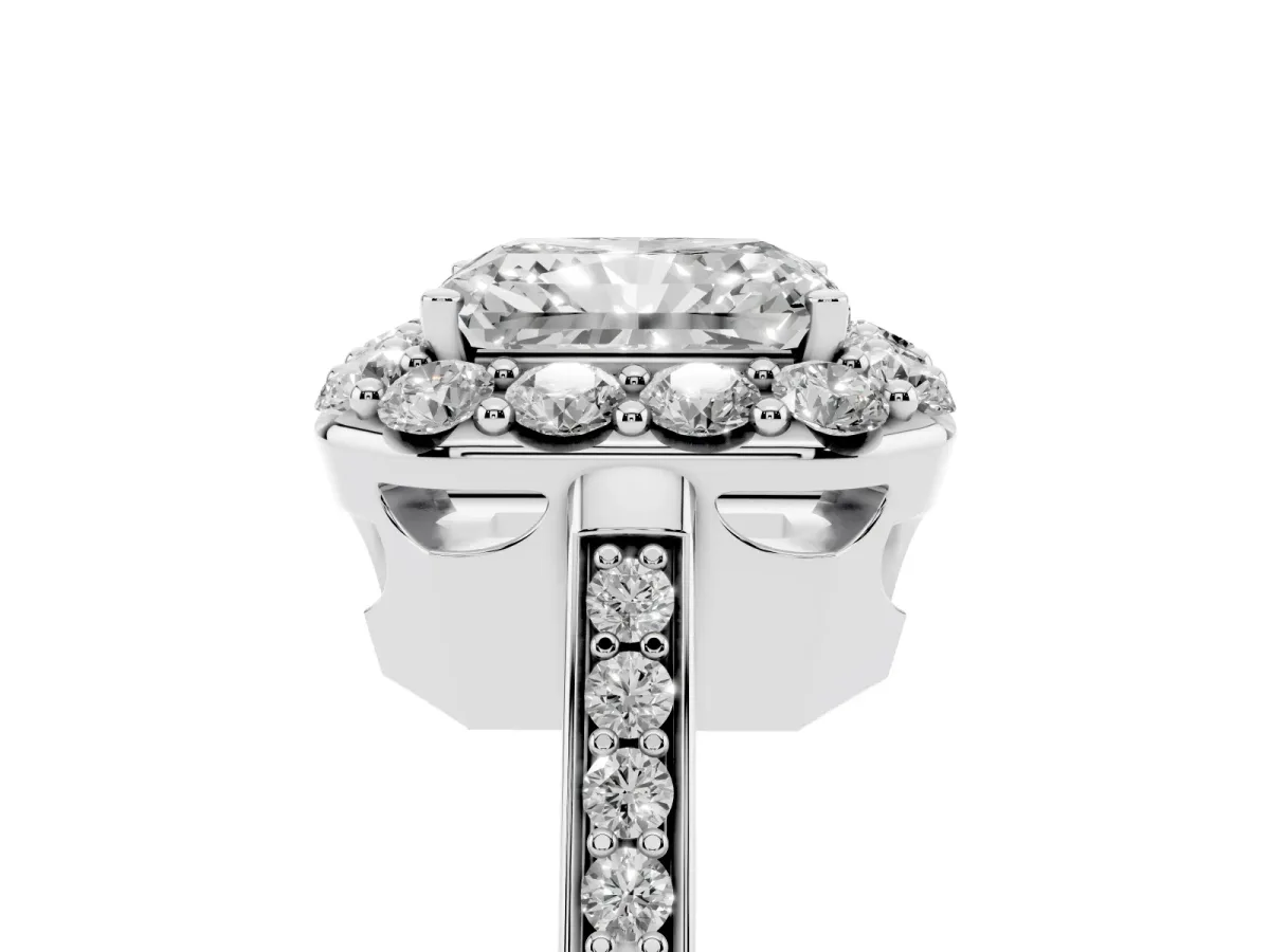 Radiant Cut Diamond Floral Halo Ring with Pavé Band and Prong Setting Silver