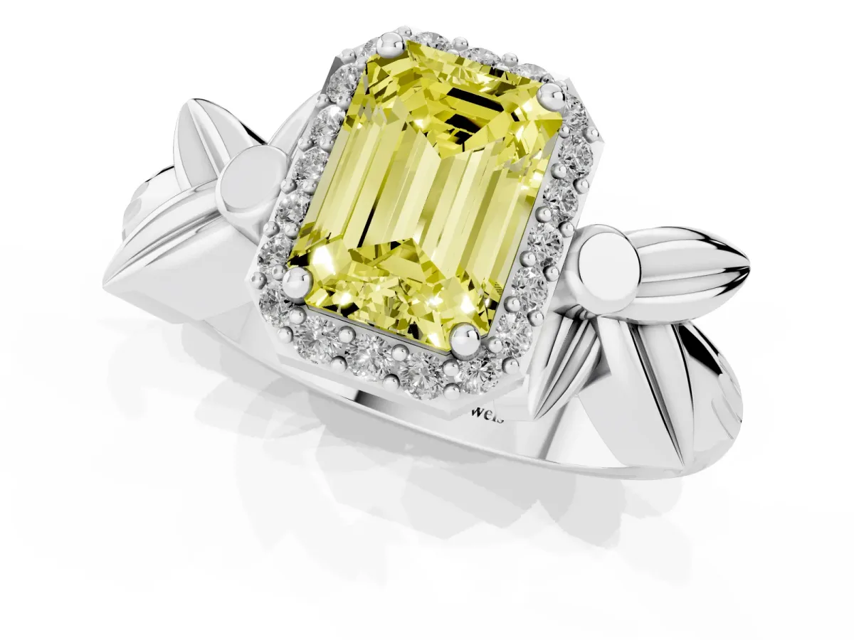 Fancy Yellow Emerald Cut Halo Diamond Floral Band with Four-Prong Setting Platinum