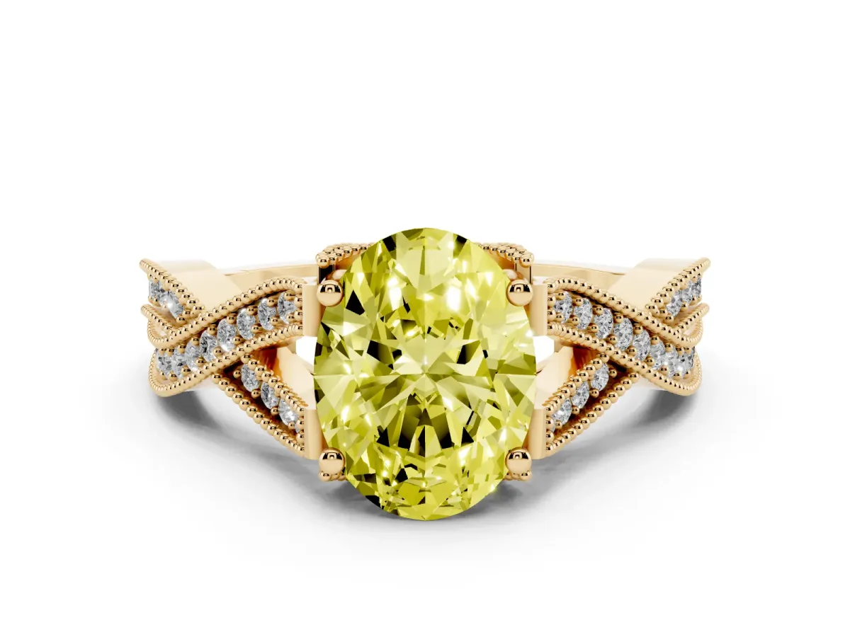 Fancy Yellow Oval Cut Cut Diamond Twisted Band with Milgrain Pave Setting and Four-Prong Setting Yellow gold