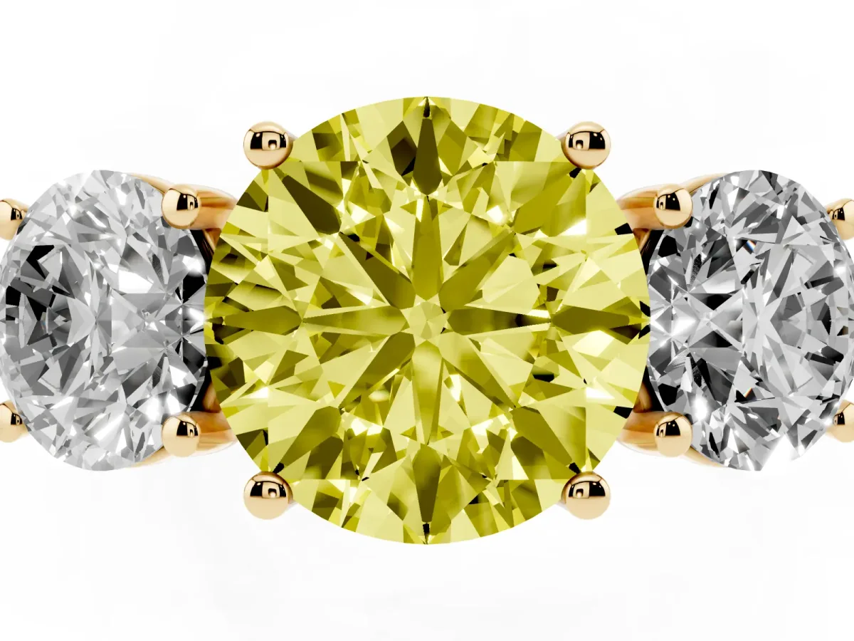 Fancy Yellow Three-Stone Round Cut Diamond Ring with Round Pavé Band and Prong Setting Yellow gold
