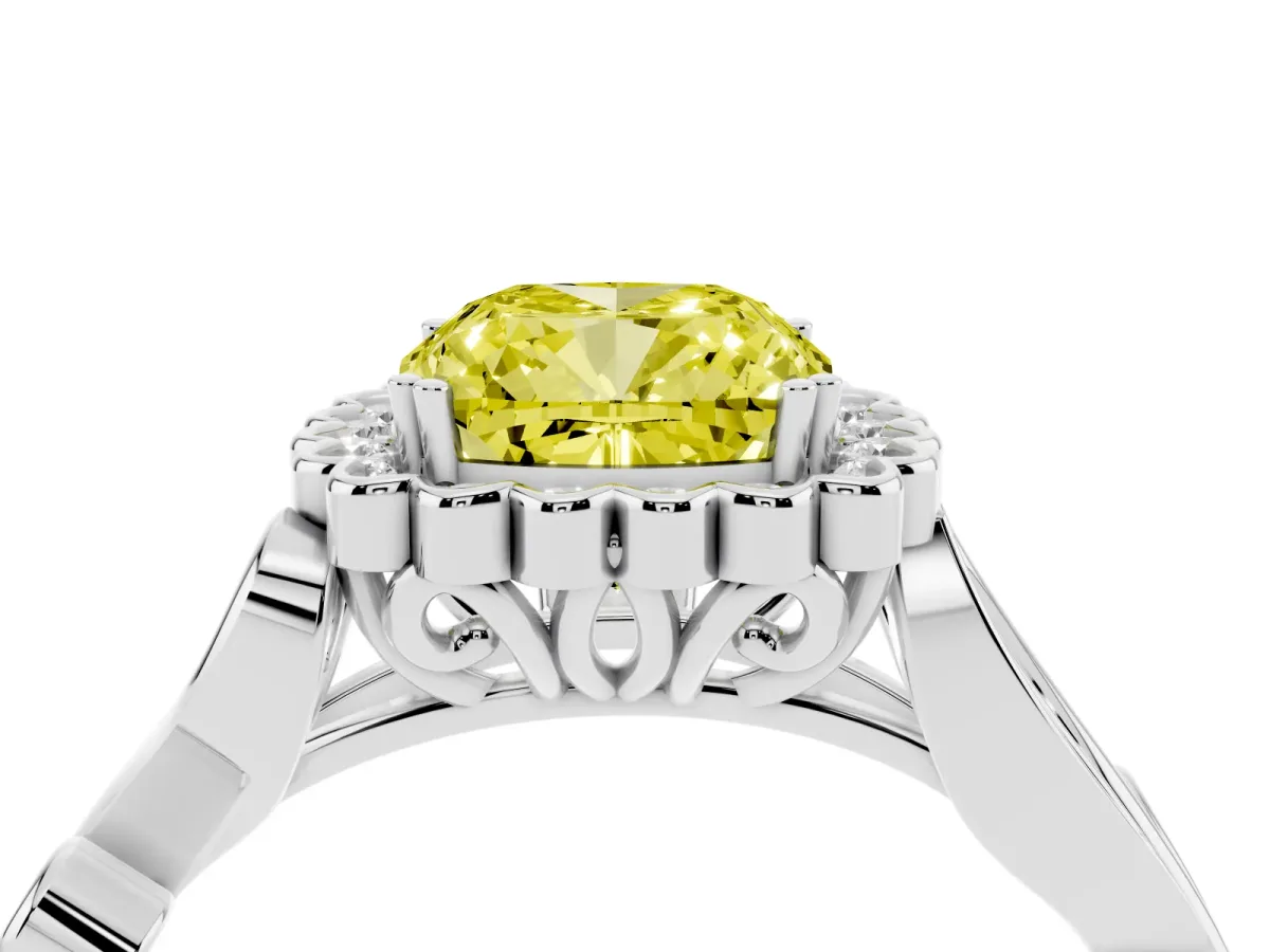 Fancy Yellow Cushion Cut Diamond Halo Ring with Vintage Split Shank and Four-Prong Setting Platinum