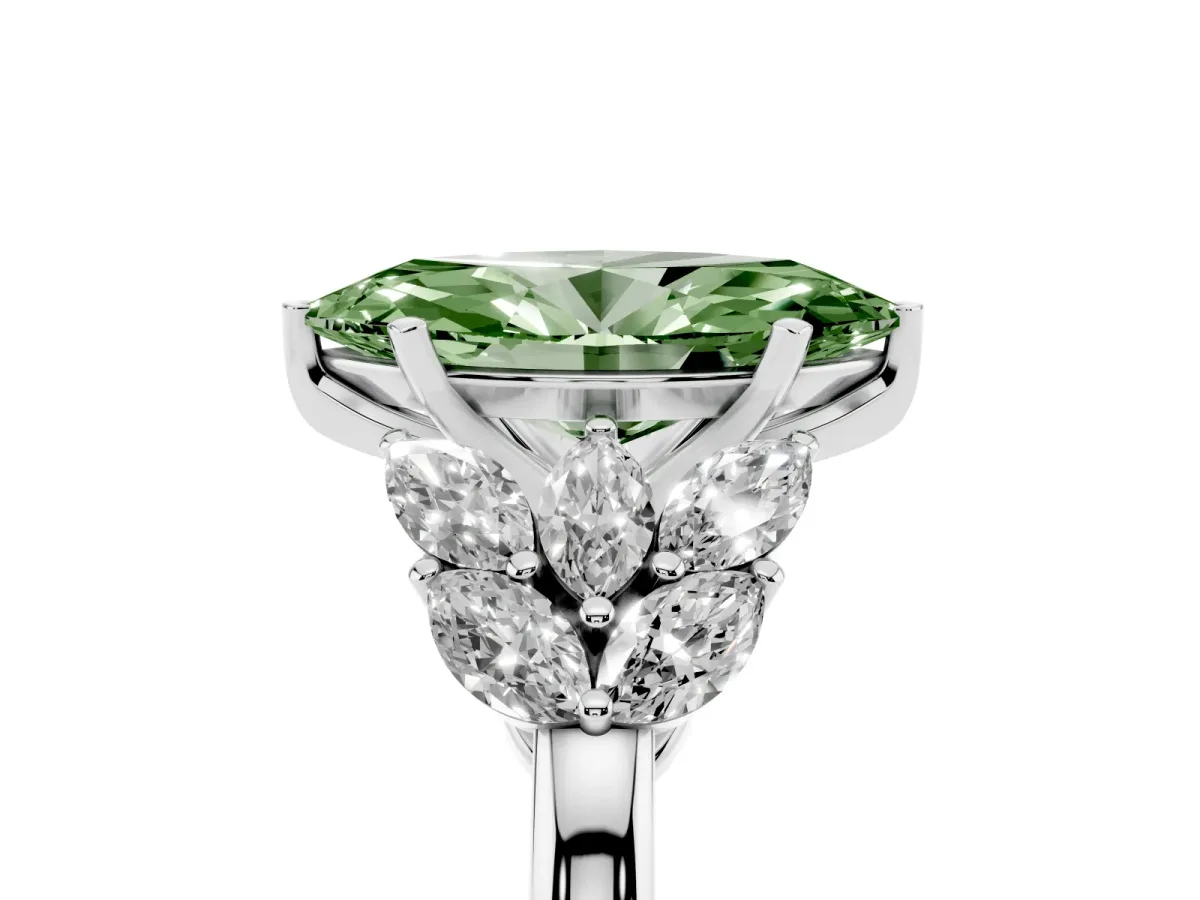 Fancy Green Marquise Cut Diamond Cluster Leaf Design Ring with Prong Setting Silver