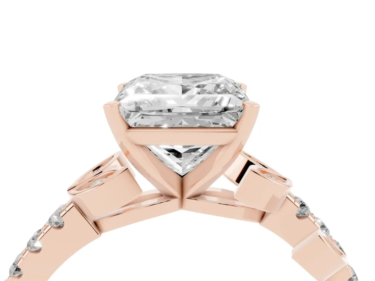 Princess Cut Solitaire Leaf-Inspired Diamond Ring with Pavé Band and Four-Prong Setting Rose gold