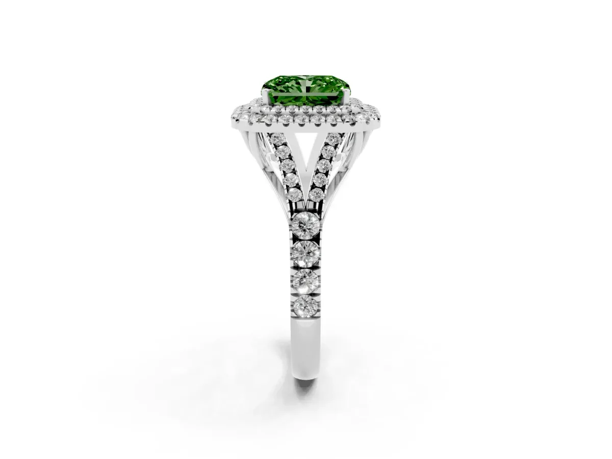 Fancy Green Radiant Cut Diamond Pavé Split Shank Double Halo Engagement Ring Silver