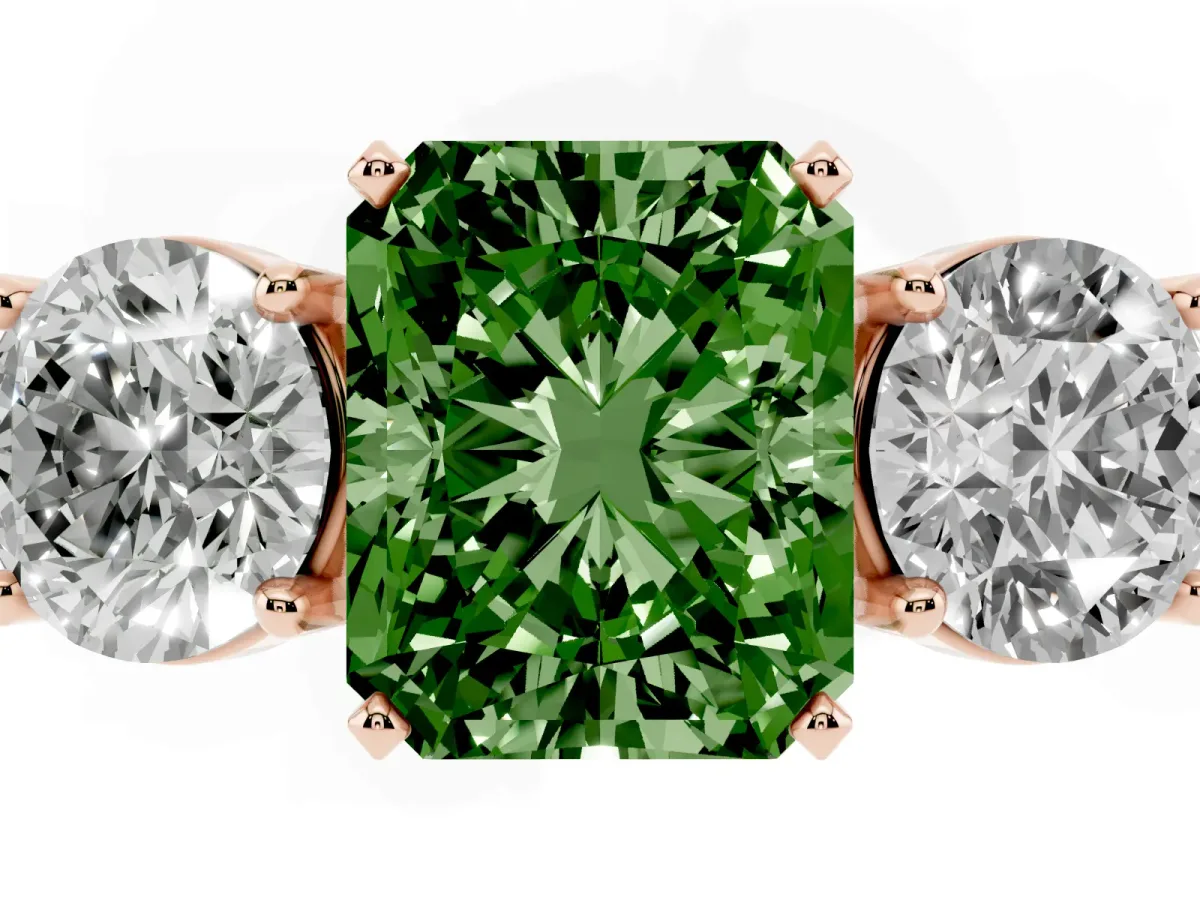 Fancy Green Three-Stone Radiant Cut Diamond Ring with Round Side Stones, Classic Band, and Four-Prong Setting Rose gold