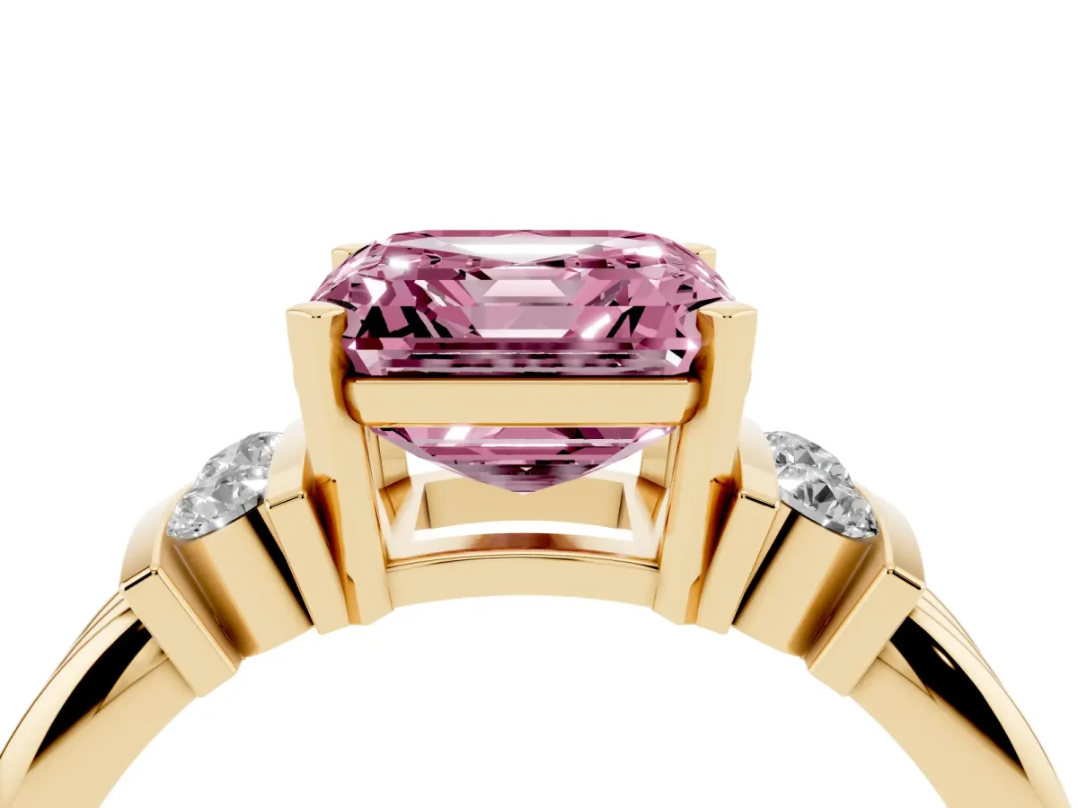 Fancy Pink Asscher Cut Cut Three-Stone Channel Set Ring with Bar Prongs Yellow gold