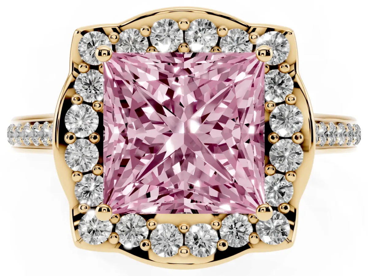 Fancy Pink Princess Cut Halo Round Diamond Pave Band with Four-Prong Setting Yellow gold