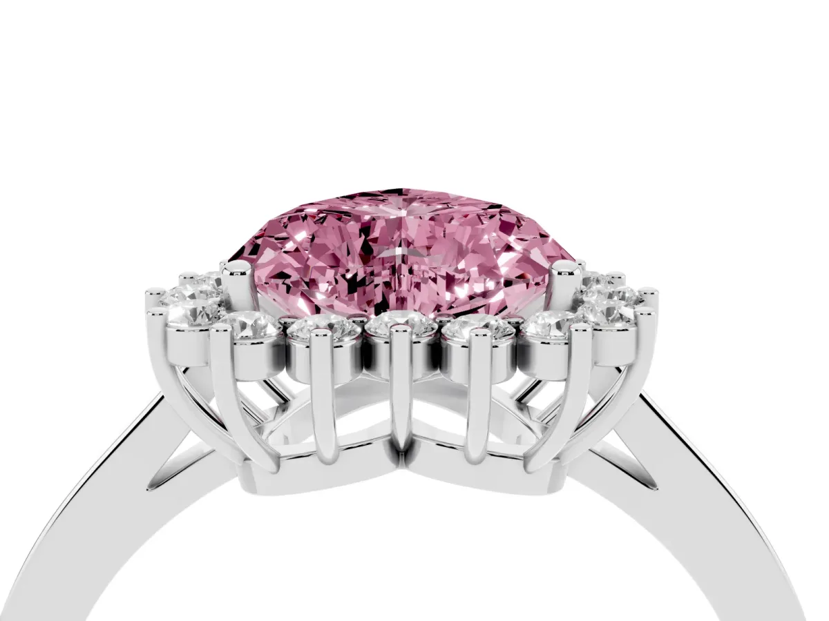 Fancy Pink Heart Cut Cut Diamond Halo Ring with Round Brilliant Halo and Solitaire Band Platinum