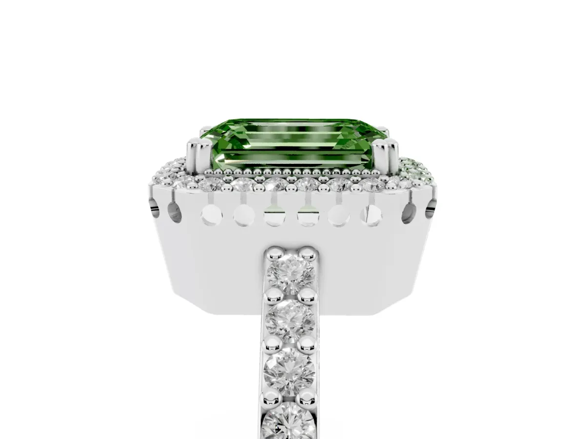 Fancy Green Emerald Cut Cut Diamond Halo Engagement Ring with Milgrain Detail and Pavé Band Silver