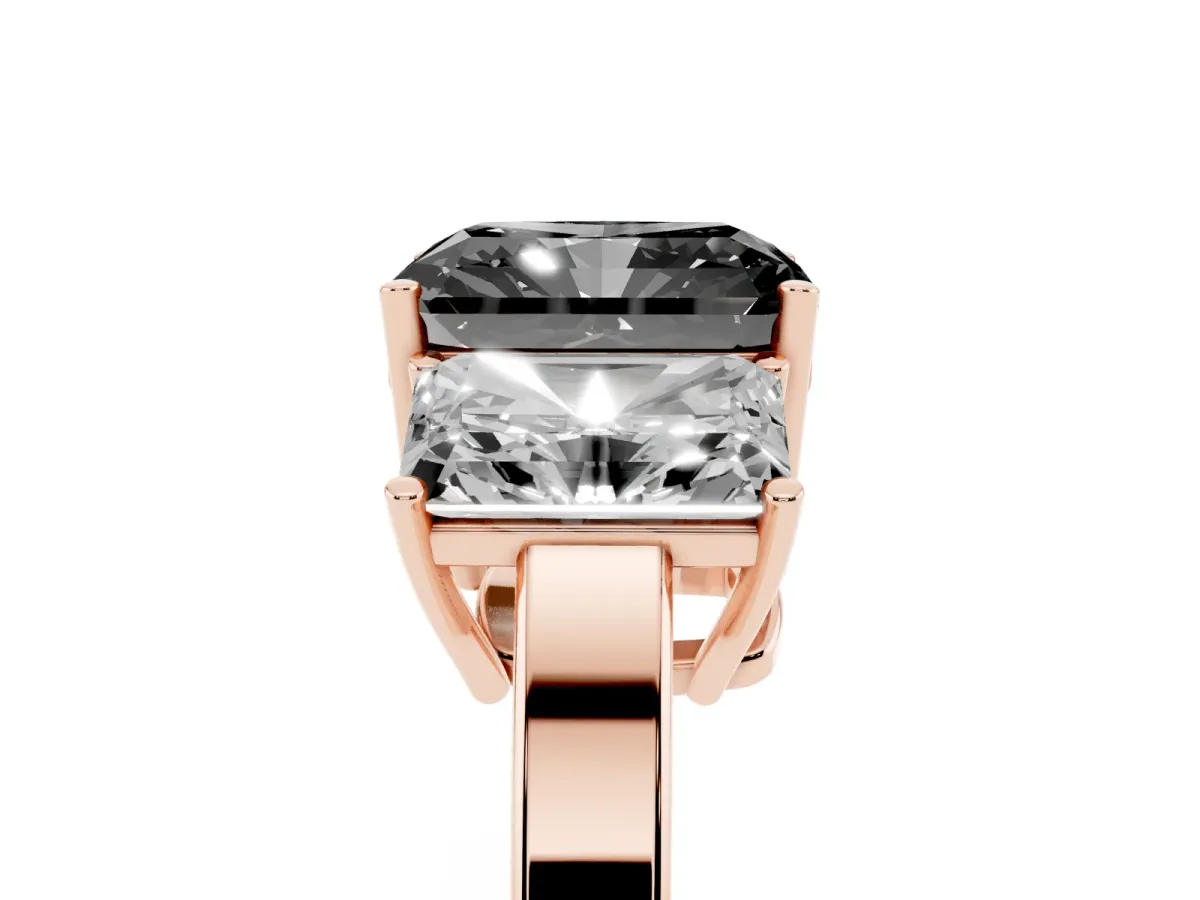 Fancy Black Three-Stone Radiant Cut Cut Diamond Engagement Ring with Flat Band and Four-Prong Setting Rose gold