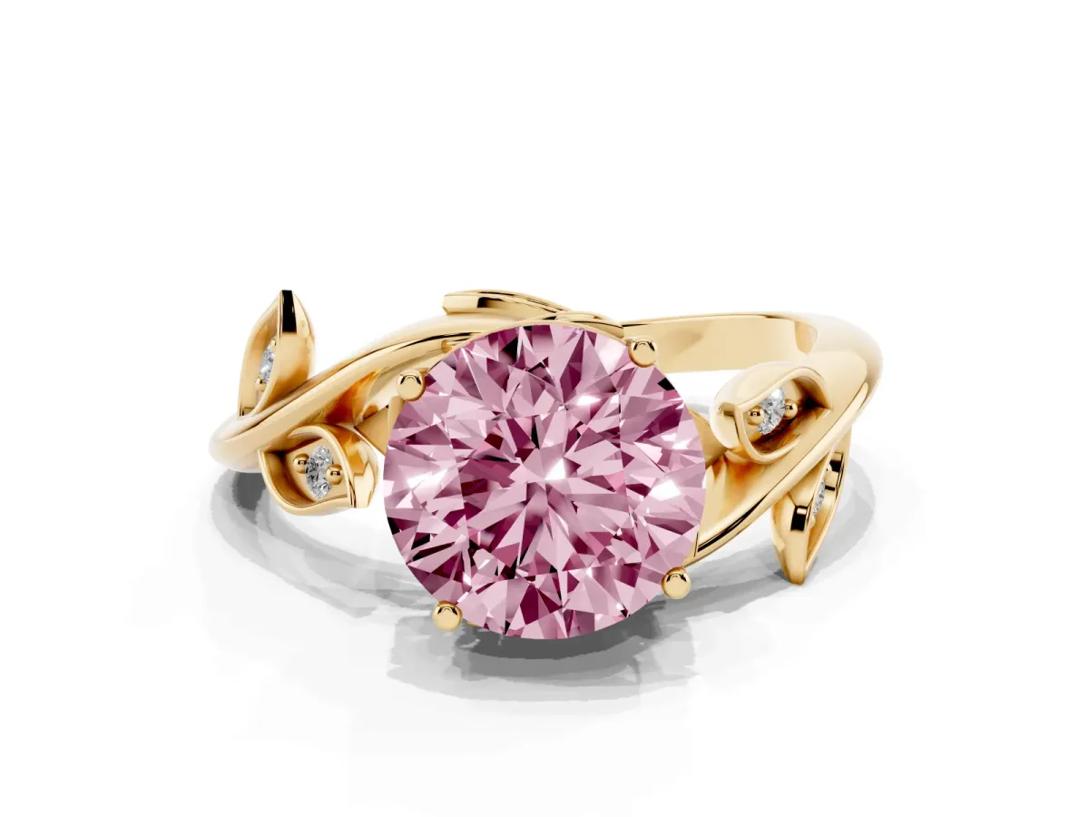 Fancy Pink Round Cut Solitaire Twist Engagement Ring with Leaf Accents and Prong Setting Yellow gold