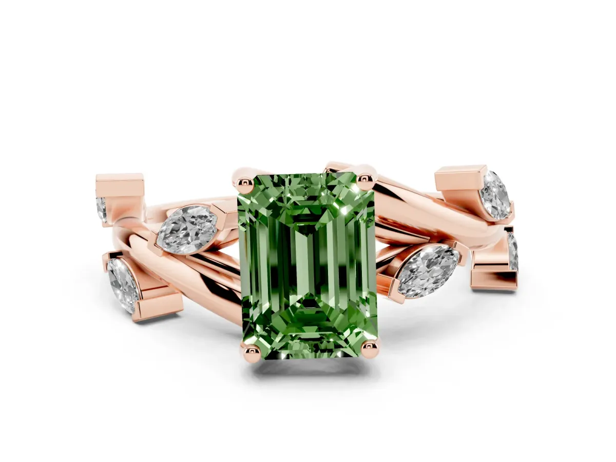 Fancy Green Emerald Cut Solitaire Twisted Band Marquise Accent Prong Setting Ring Rose gold