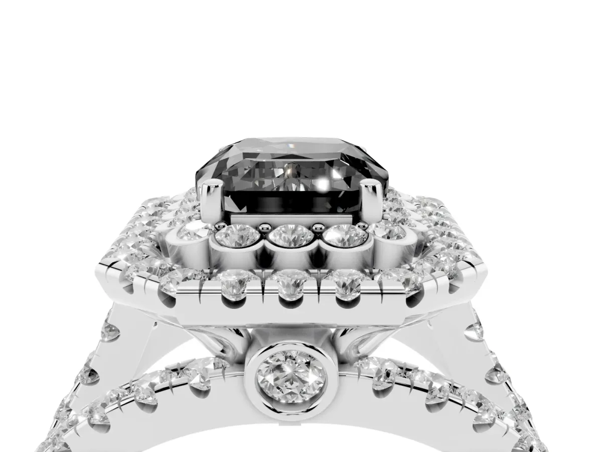 Fancy Black Emerald Cut Diamond Double Halo Ring with Round Pavé Split Shank and Prong Setting Silver