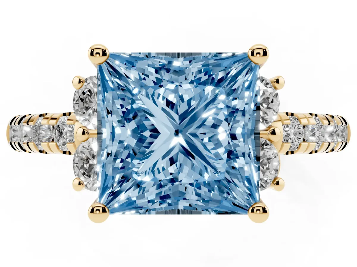 Fancy Blue Princess Cut Diamond Three-Stone Pave Band with Four-Prong Setting Yellow gold