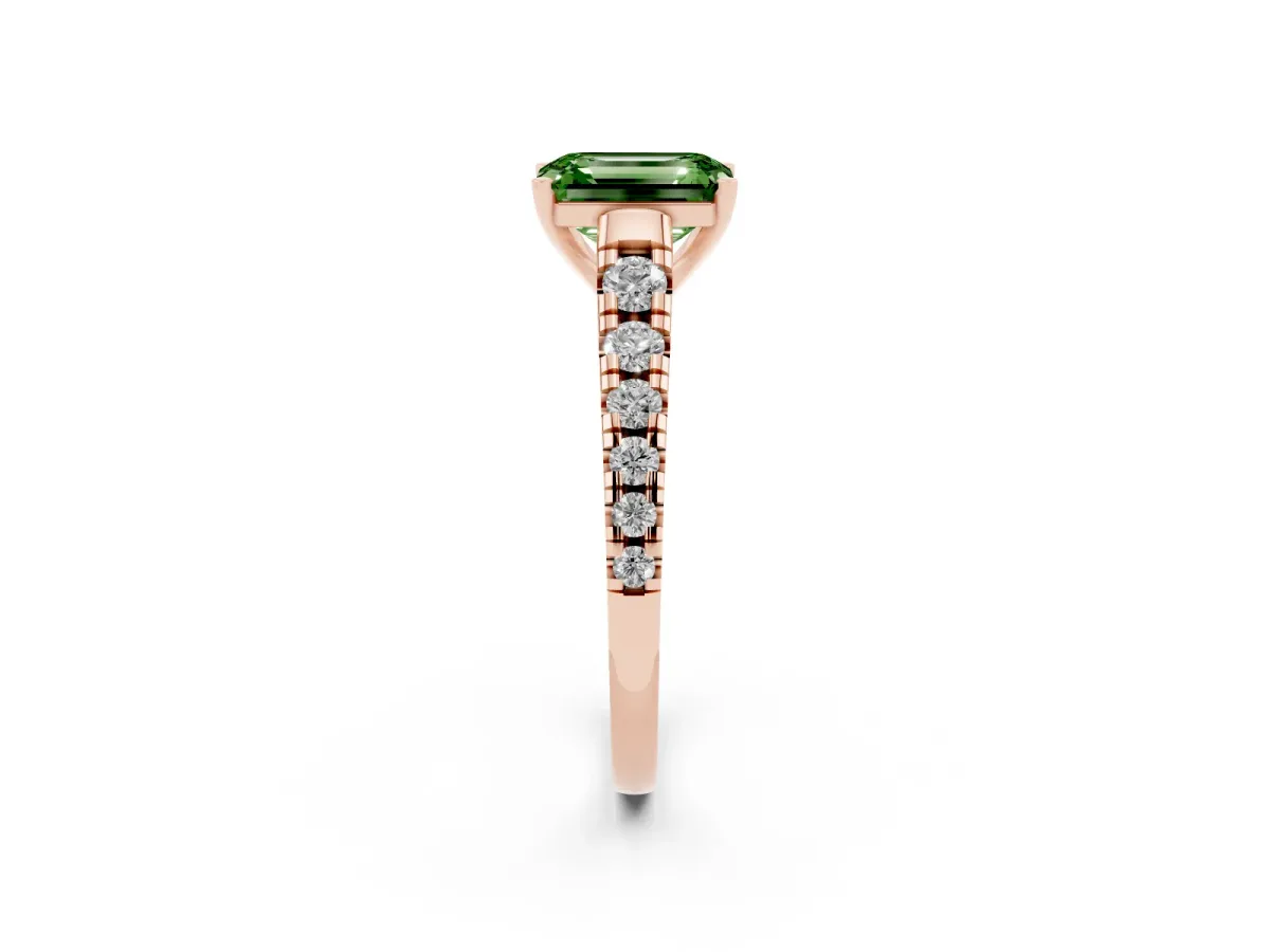 Fancy Green Emerald Cut Diamond Cathedral Solitaire Ring with Round Pavé Band Rose gold