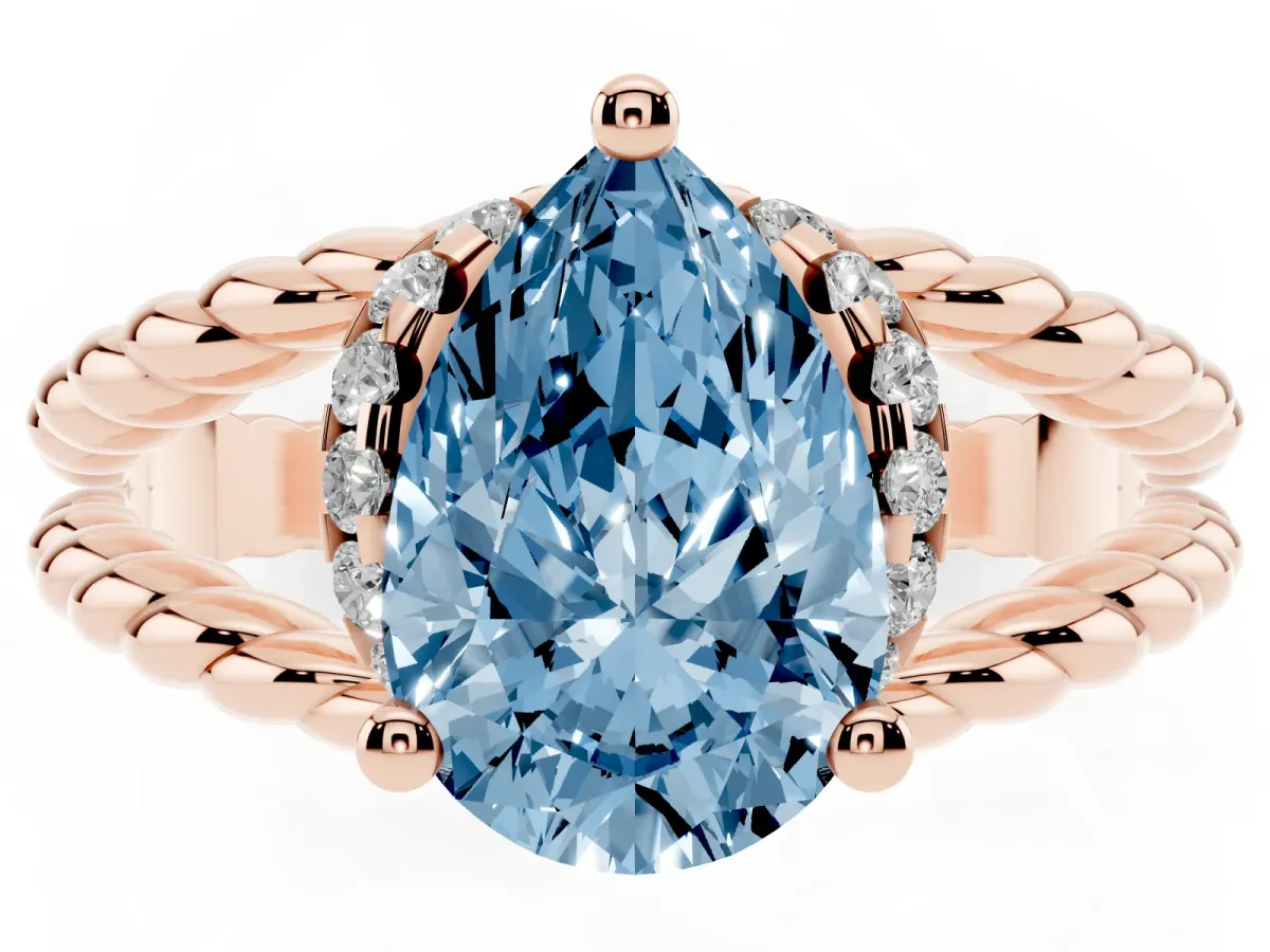 Fancy Blue Pear Cut Halo Twisted Band Four-Prong Ring Rose gold