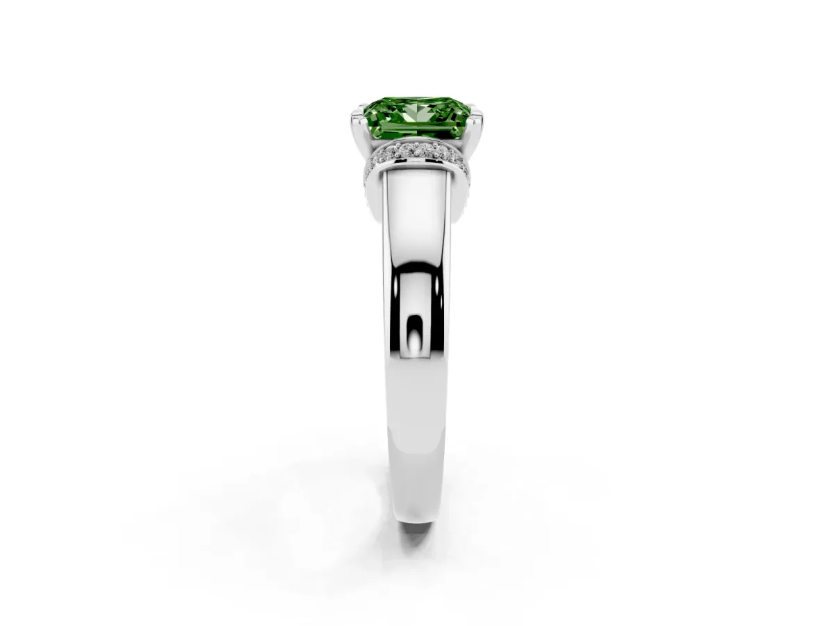 Fancy Green Princess Cut Solitaire Diamond Ring with Pave Band and Six-Prong Setting Platinum