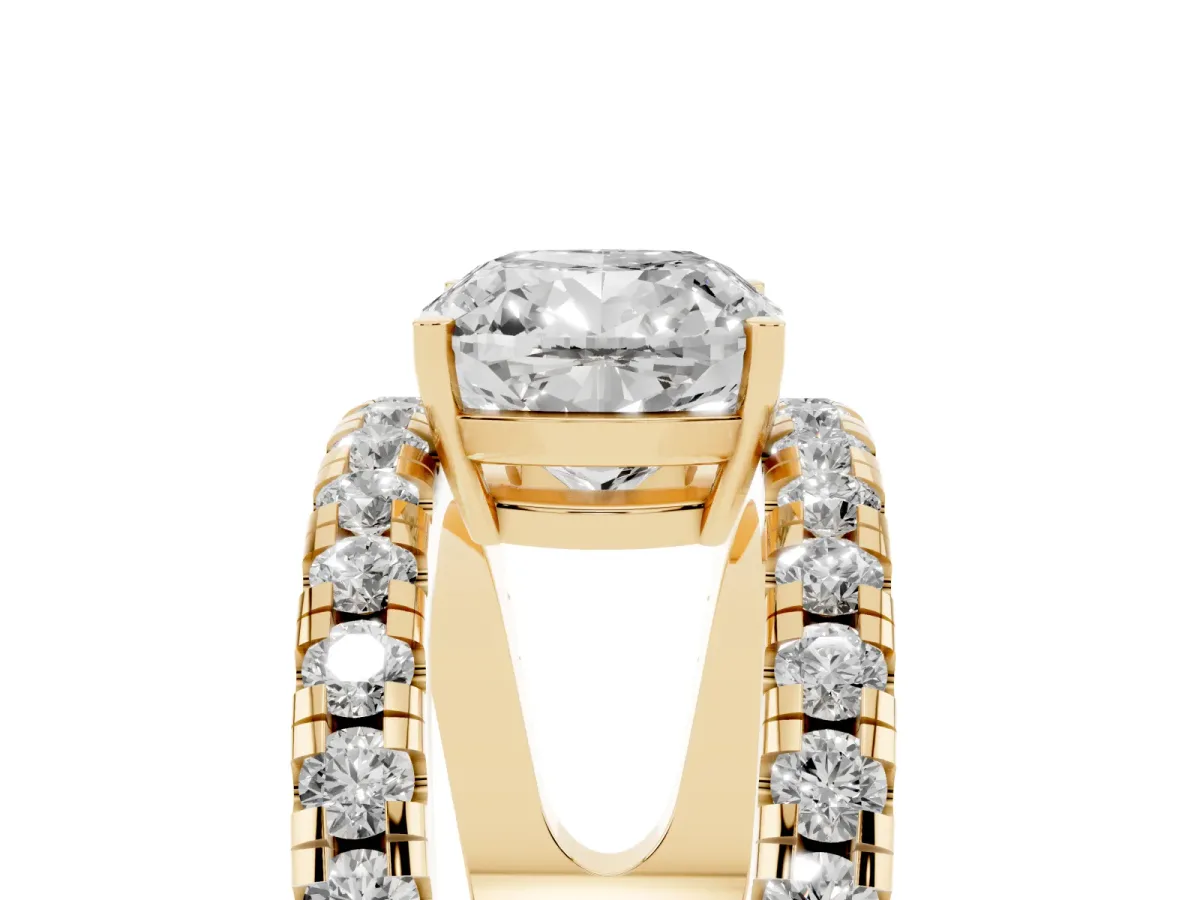 Cushion Cut Solitaire Split Shank Pave Diamond Ring Yellow gold