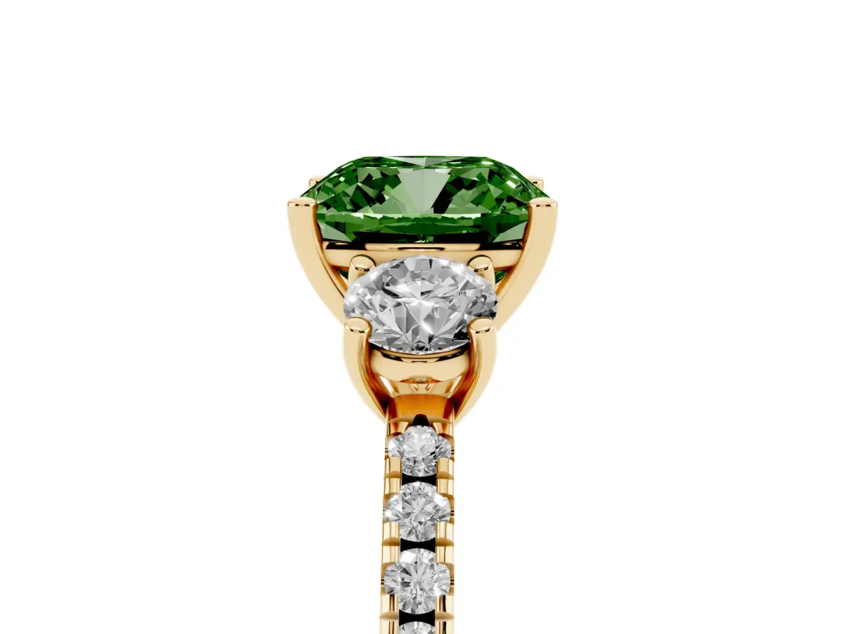 Fancy Green Three-Stone Cushion Cut Cut Diamond Pavé Band with Prong Setting Yellow gold