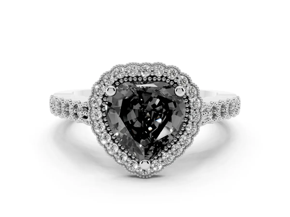 Fancy Black Heart Cut Cut Halo Pavé Solitaire Ring with Milgrain Band Platinum