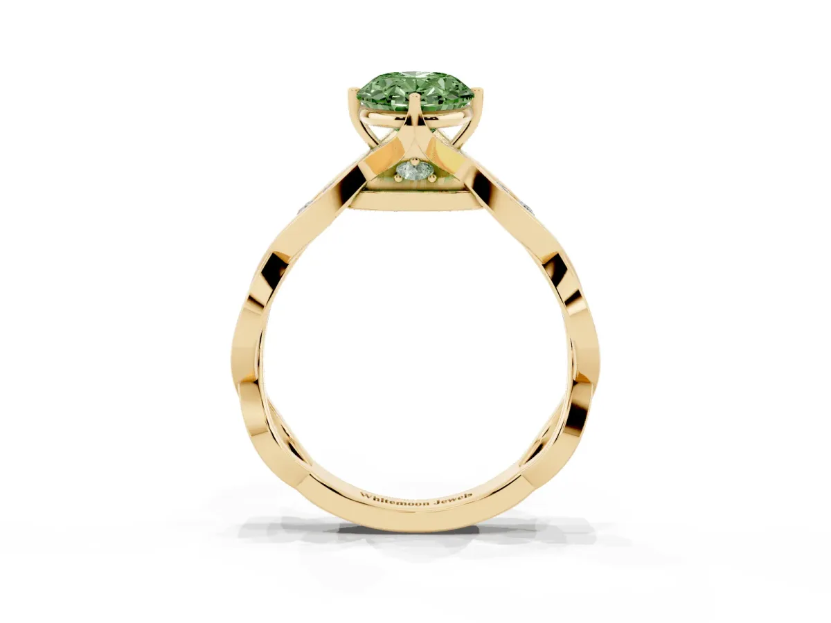 Fancy Green Oval Cut Solitaire Twist Band with Leaf Prong Setting Yellow gold