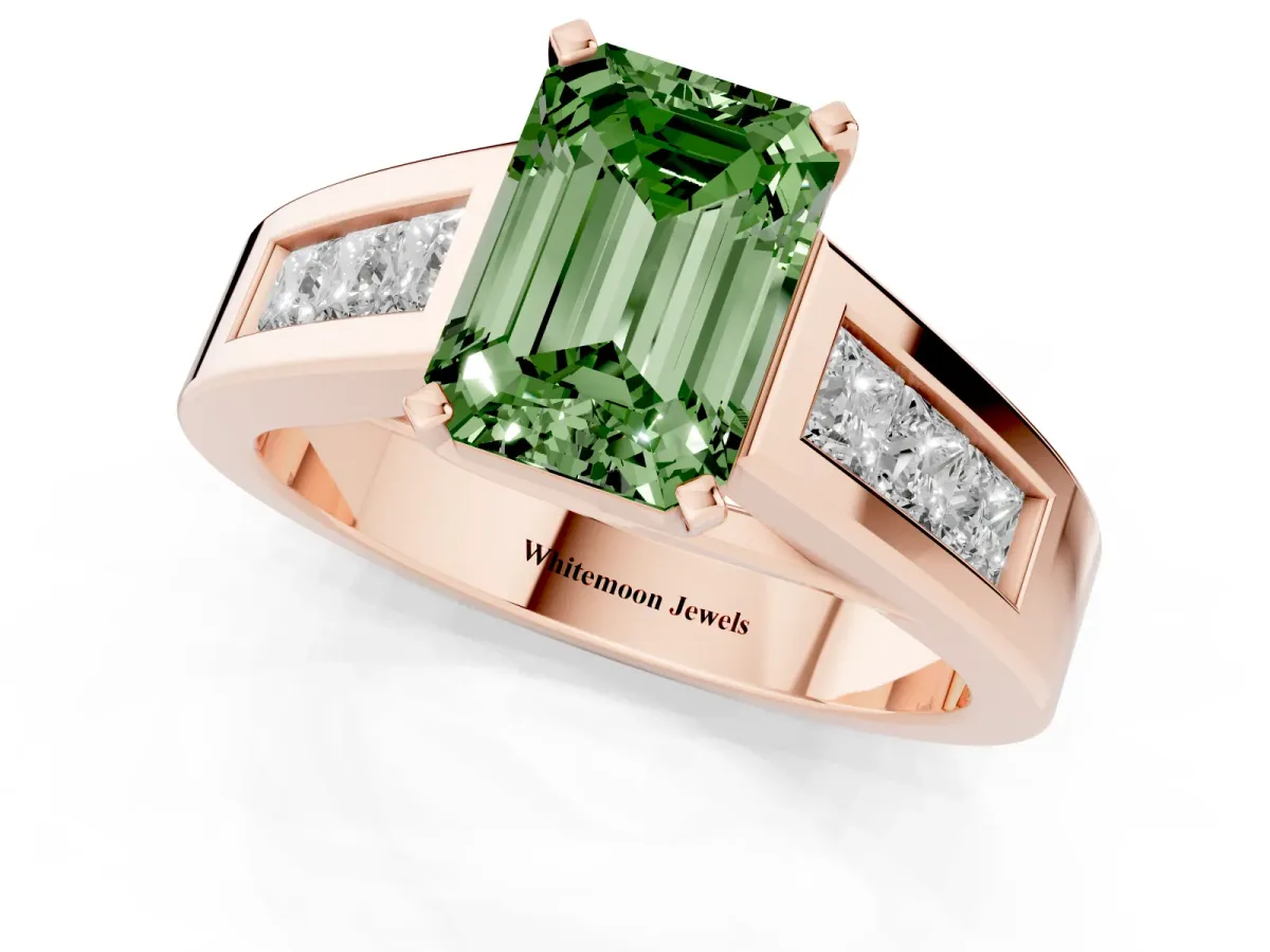 Fancy Green Emerald Cut Cut Channel Set Solitaire Ring with Four-Prong Setting Rose gold
