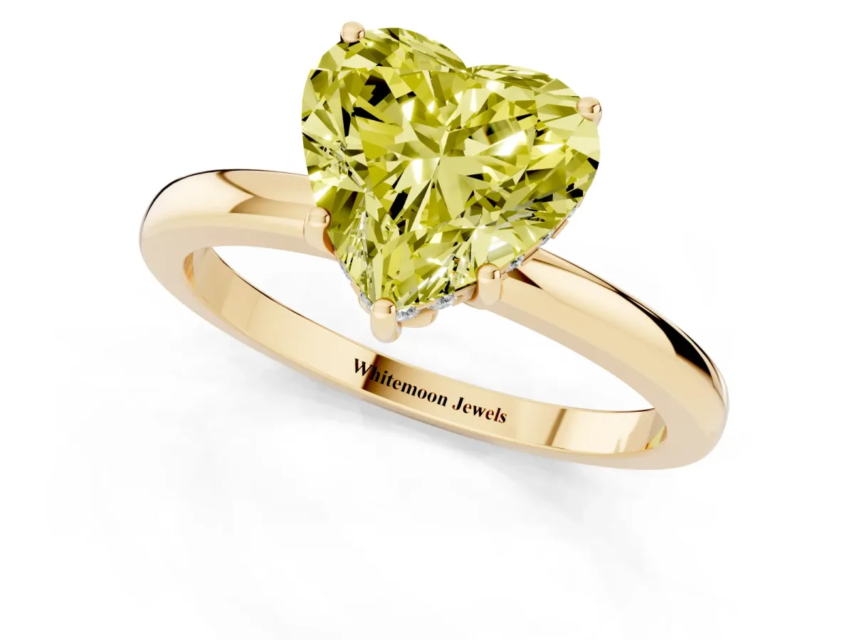 Fancy Yellow Heart Cut Solitaire Diamond Ring with Prong Setting and Plain Band Yellow gold