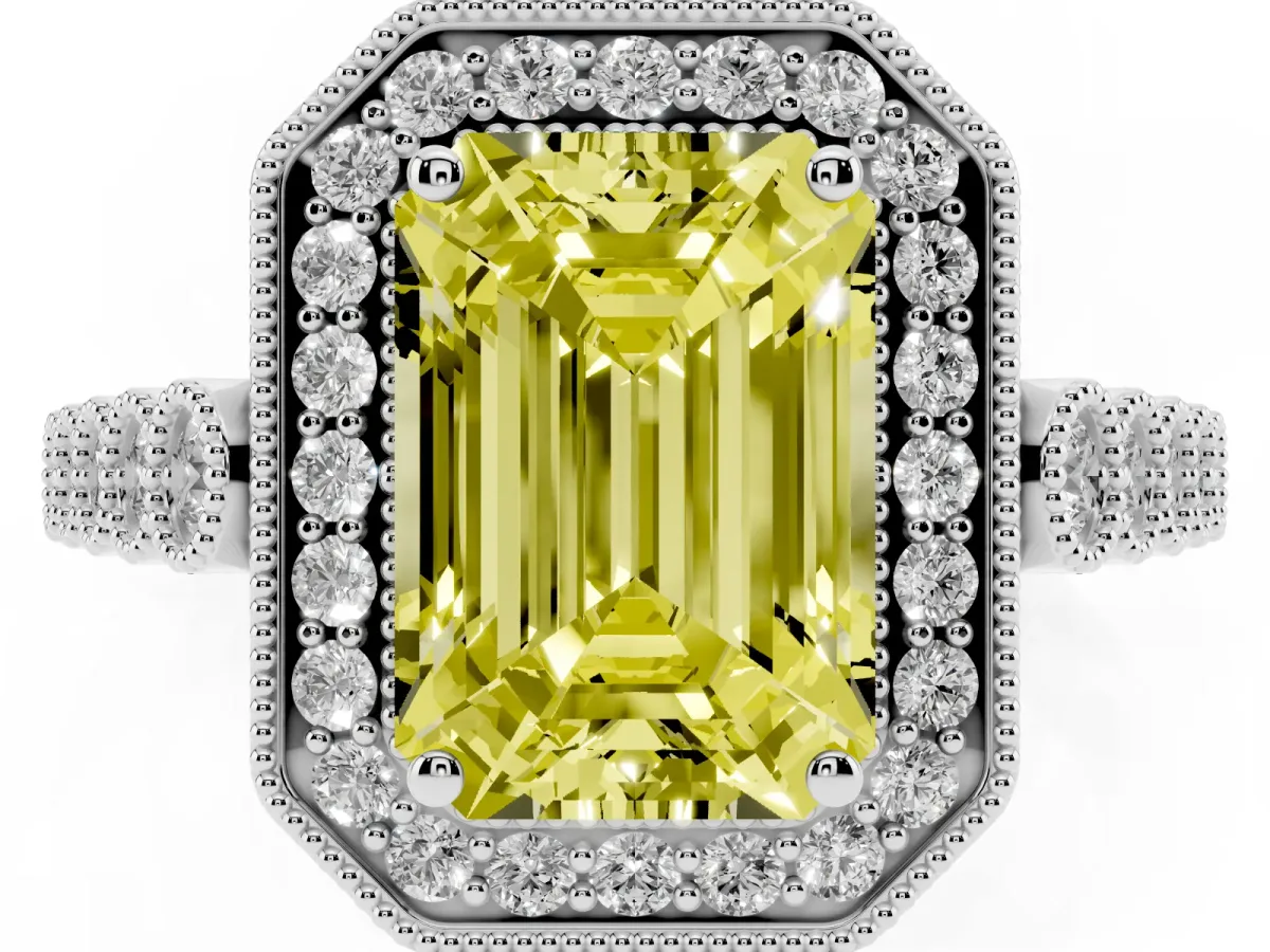 Fancy Yellow Emerald Cut Halo Milgrain Solitaire with Bezel Set Side Stones and Pave Band Silver