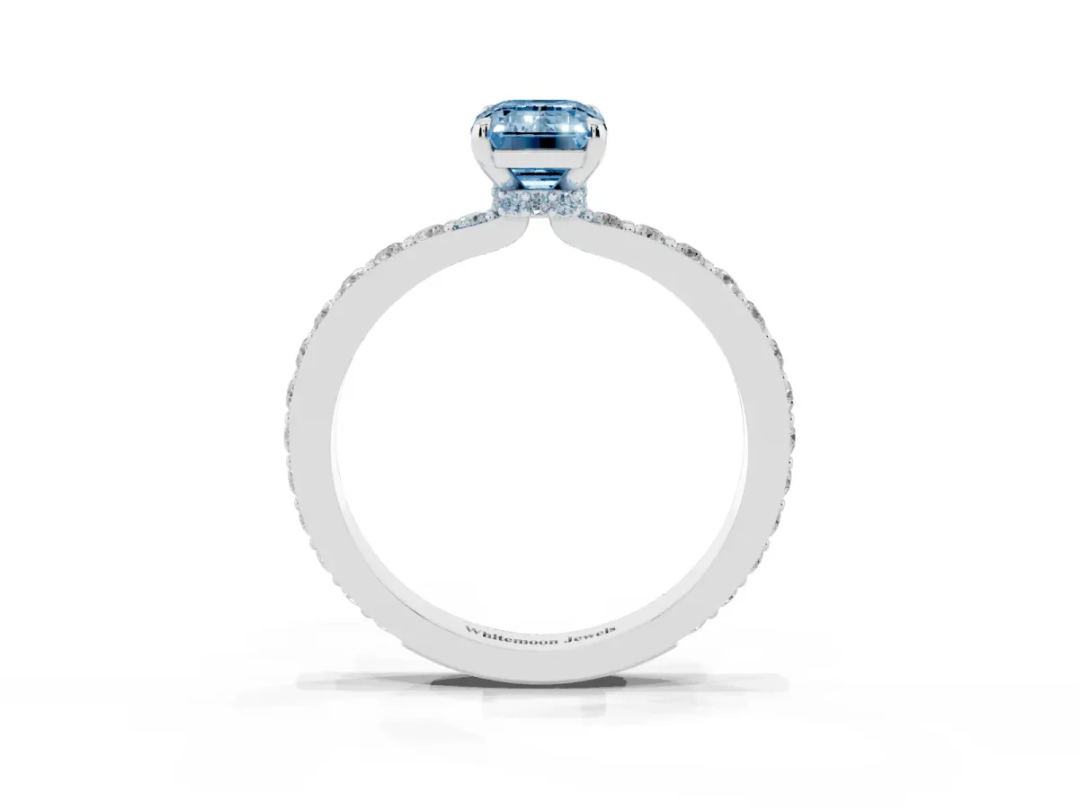 Fancy Blue Emerald Cut Diamond Pavé Engagement Ring with Round Accents and Prong Setting Platinum