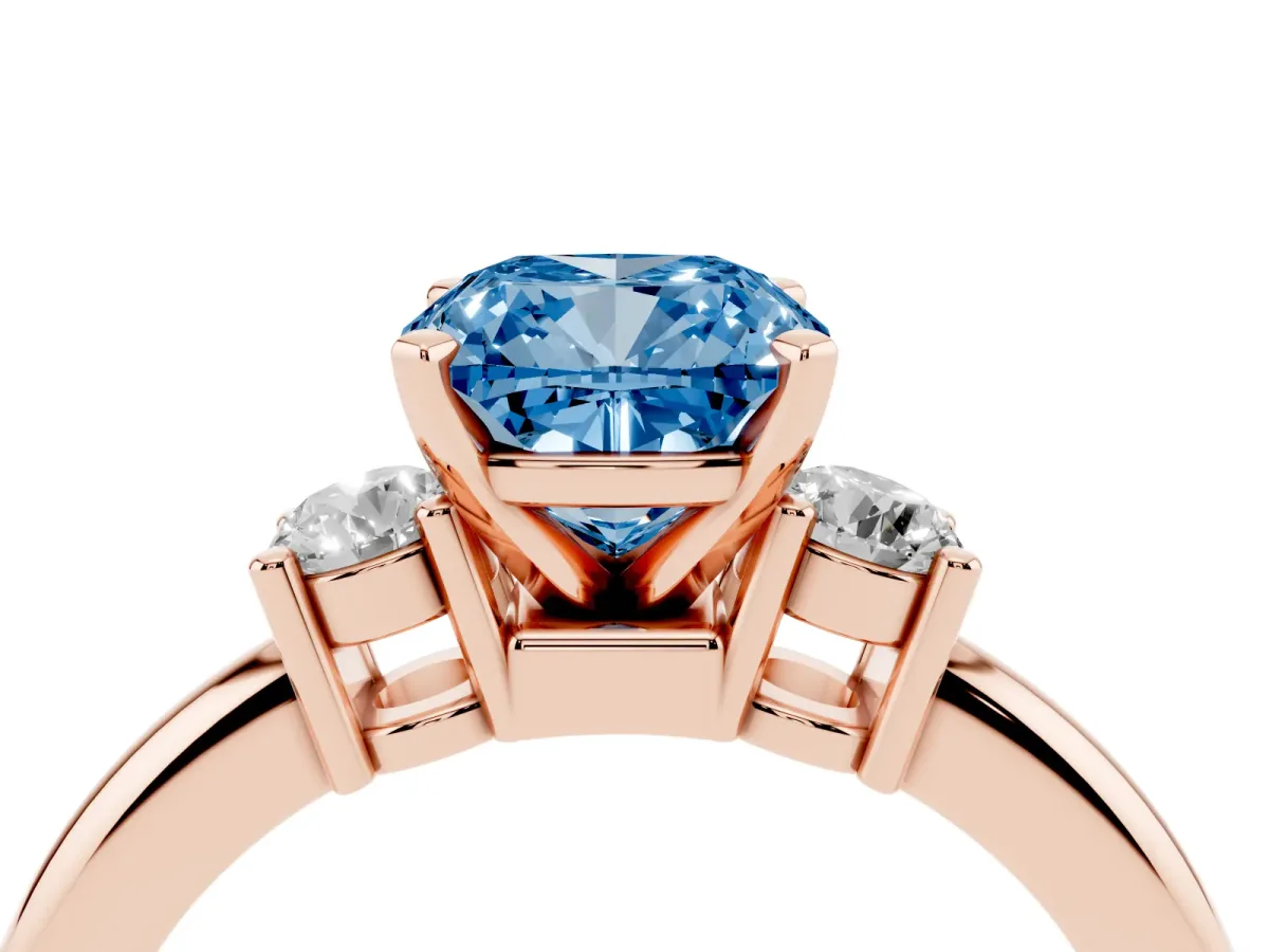 Fancy Blue Three-Stone Cushion Cut Cut Diamond Solitaire with Prong Setting and Classic Band Rose gold