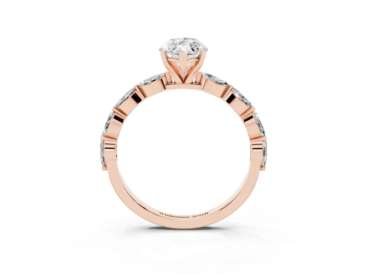 Marquise Cut Diamond Ring with Marquise Side Stones and Prong Setting Rose gold